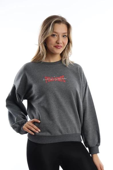 Kadın Ön Arka Polo State Baskılı 3 İplik Sweat  Antrasit - Resim 11