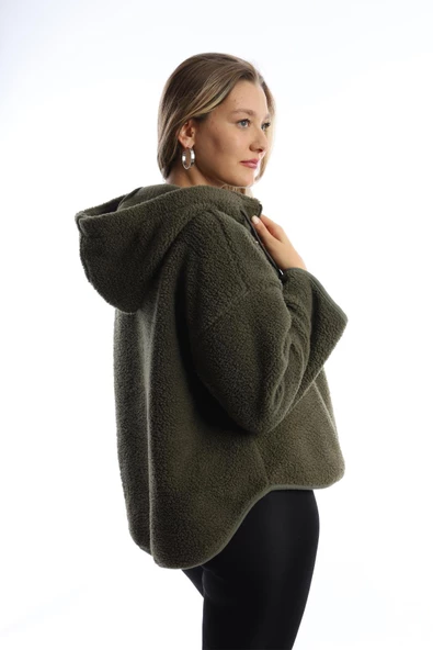 Kadın Kapüşonlu Peluş Sweat Haki - Resim 9