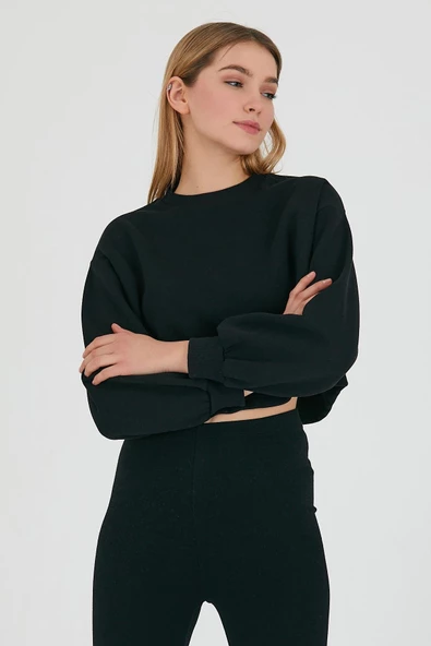 Kadın Bisiklet Yaka 3 İplik Sweatshirt Siyah - Resim 2