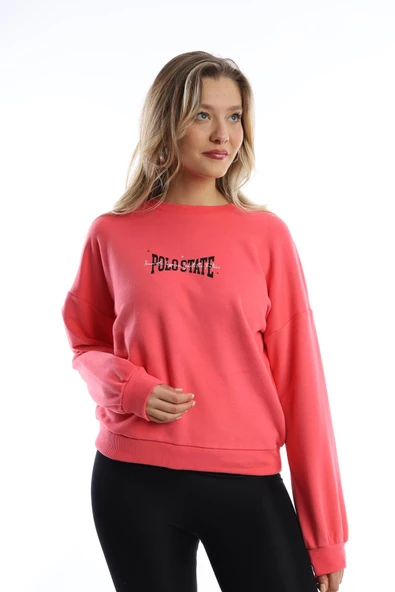 Kadın Ön Arka Polo State Baskılı 3 İplik Sweat  Fuşya - Resim 6