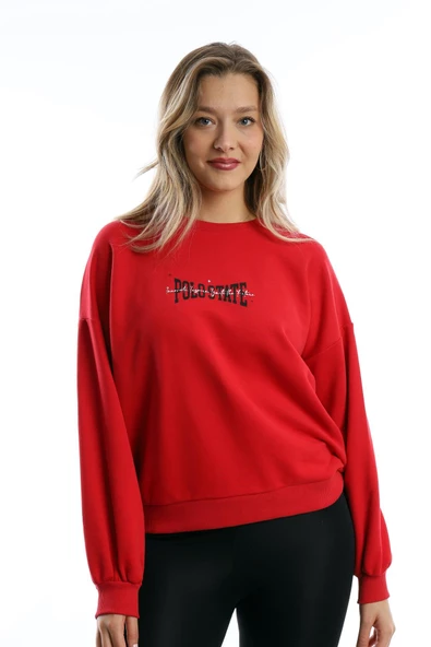 Kadın Ön Arka Polo State Baskılı 3 İplik Sweat  Kırmızı - Resim 11