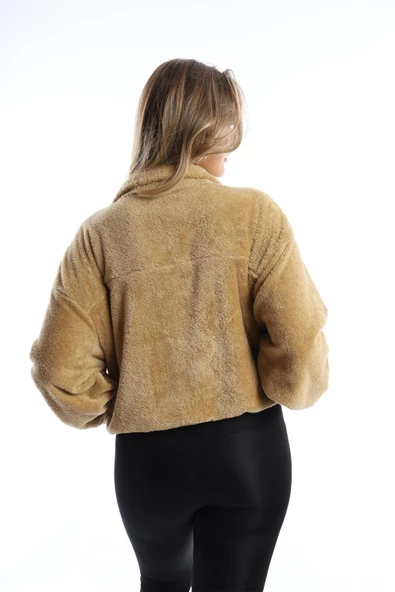 Kadın Dik Yaka Fermuarlı Peluş Bej - Resim 5