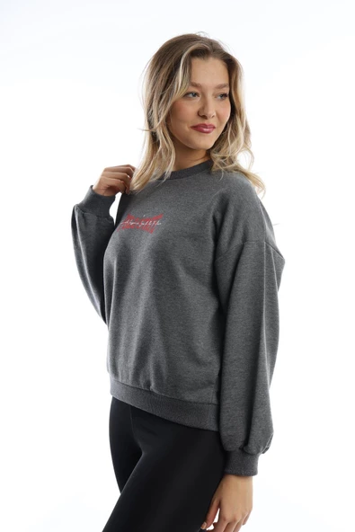 Kadın Ön Arka Polo State Baskılı 3 İplik Sweat  Antrasit - Resim 8