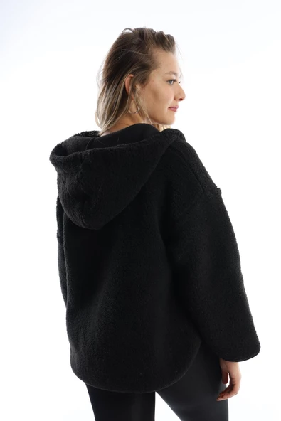 Kadın Kapüşonlu Peluş Sweat Siyah - Resim 5