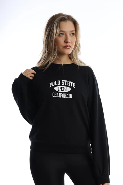 Kadın Polo State Baskılı 3 İplik Sweat Siyah - 6