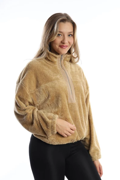 Kadın Dik Yaka Fermuarlı Peluş Bej - Resim 9