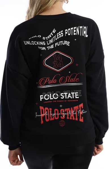 Kadın Ön Arka Polo State Baskılı 3 İplik Sweat Siyah - Resim 7