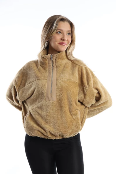 Kadın Dik Yaka Fermuarlı Peluş Bej - Resim 12