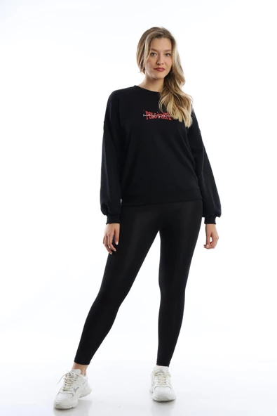 Kadın Ön Arka Polo State Baskılı 3 İplik Sweat Siyah - Resim 9