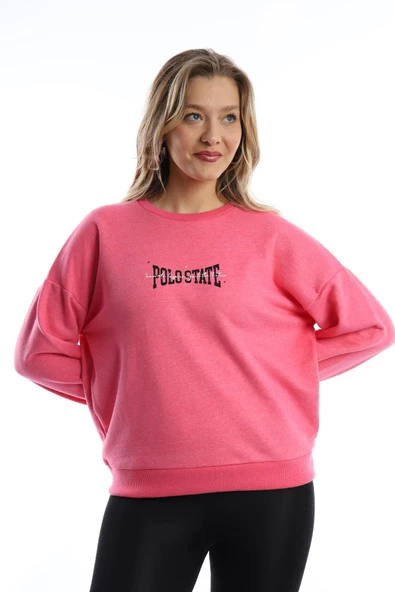 Kadın Ön Arka Polo State Baskılı 3 İplik Sweat Rose - Resim 8