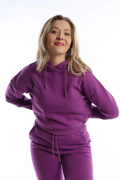 Kadın Kapüşonlu 3 İplik Şardonlu Sweat Mor - Resim 2