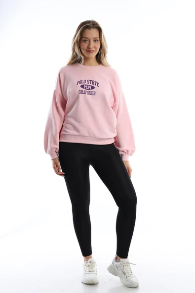 Kadın Polo State Baskılı 3 İplik Sweat Pembe - Resim 9