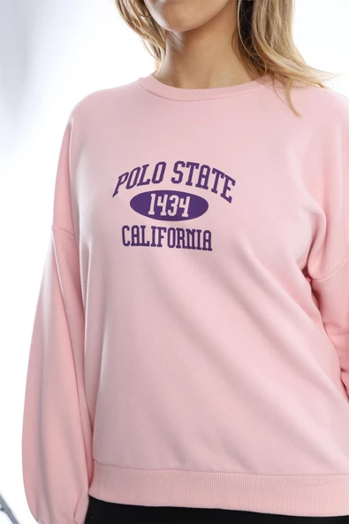 Kadın Polo State Baskılı 3 İplik Sweat Pembe - Resim 8