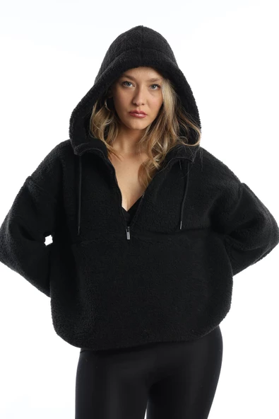 Kadın Kapüşonlu Peluş Sweat Siyah - Resim 7