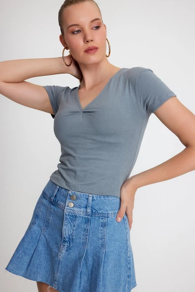 Kadın V Yaka Basic T-shirt  Antrasit - Resim 8