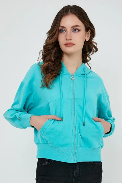 Kadın yarasa Kol Oversize Karbon Fırçalı 3 İplik Sweatshirt Turkuaz - Resim 6