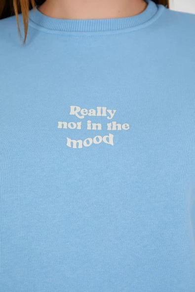 Kadın Oversize Yazı Baskılı 3 İplik Sweatshirt Mavi - Resim 8