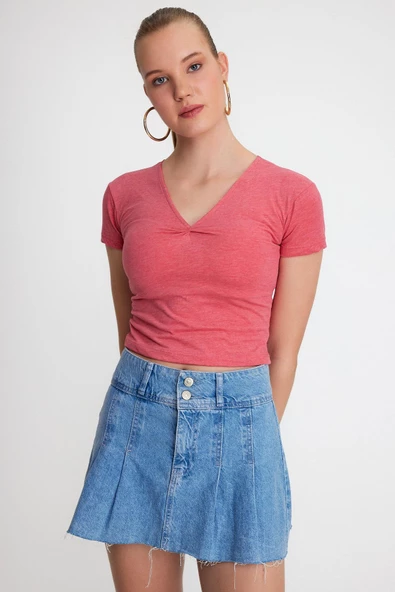 Kadın V Yaka Basic T-shirt Nar Çiçeği - 4