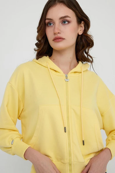 Kadın yarasa Kol Oversize Karbon Fırçalı 3 İplik Sweatshirt  Sarı - Resim 2