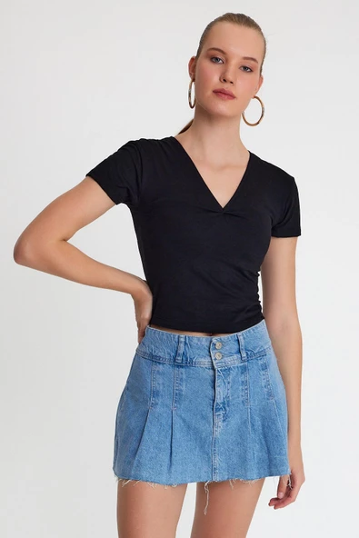 Kadın V Yaka Basic T-shirt  Siyah - Resim 2