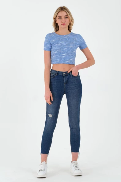 Kadın Basic Kaşkorse Kumaş T-shirt Mavi - Resim 8