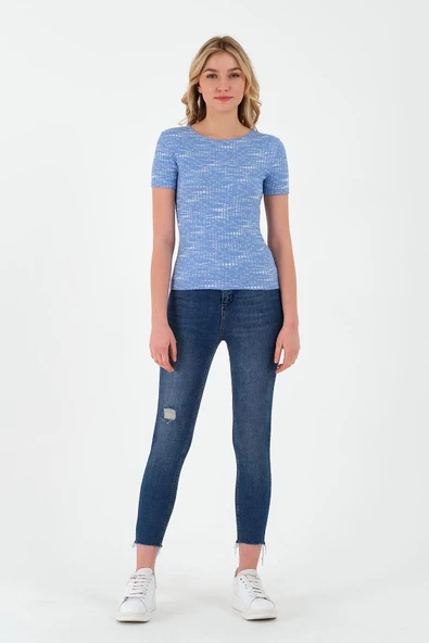 Kadın Basic Kaşkorse Kumaş T-shirt Mavi - Resim 9