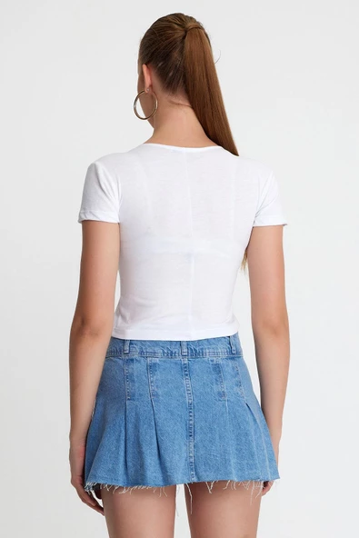 Kadın V Yaka Basic T-shirt Beyaz - 10