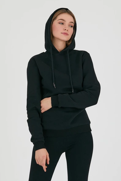 Kadın Kapüşonlu 3 iplik Sweatshirt  Siyah - Resim 10