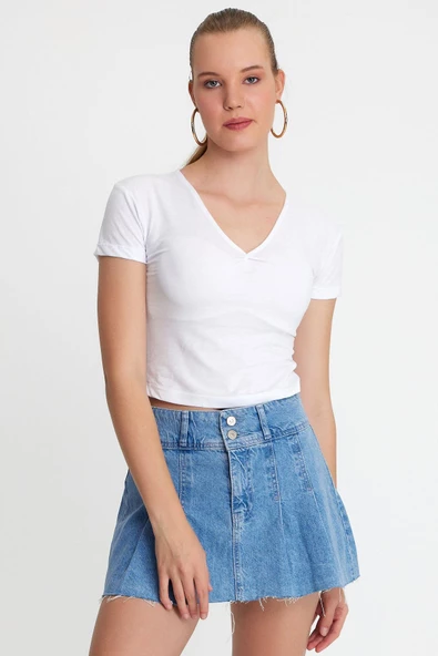 Kadın V Yaka Basic T-shirt Beyaz - 11