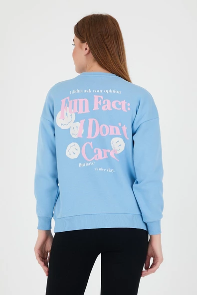 Kadın Oversize Baskılı Sweatshirt Mavi - 7