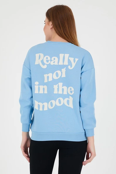 Kadın Oversize Yazı Baskılı 3 İplik Sweatshirt Mavi - Resim 7