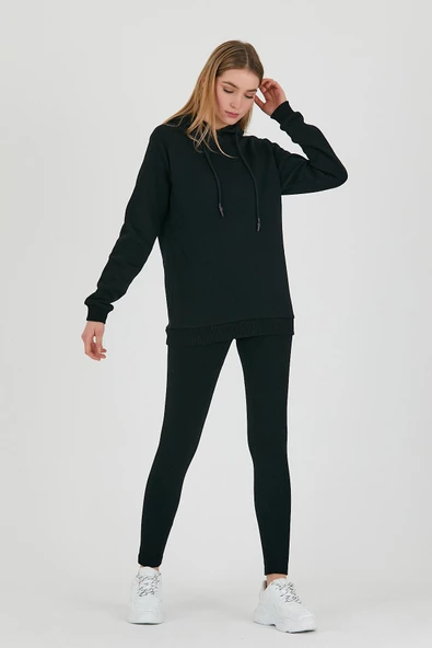 Kadın Kapüşonlu 3 iplik Sweatshirt  Siyah - Resim 4