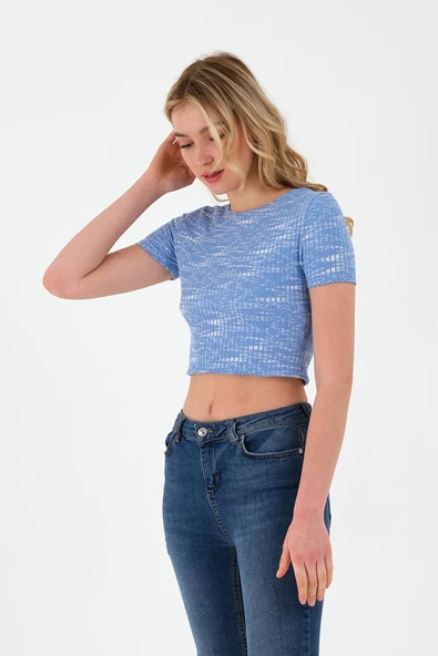 Kadın Basic Kaşkorse Kumaş T-shirt Mavi - Resim 6