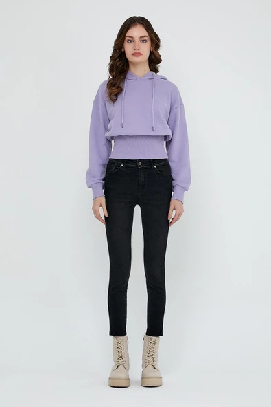 Kadın Karbon Fırçalı 3 İplik Oversize Sweatshirt Lila - Resim 3