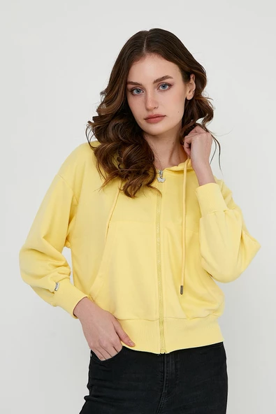 Kadın yarasa Kol Oversize Karbon Fırçalı 3 İplik Sweatshirt  Sarı - Resim 11