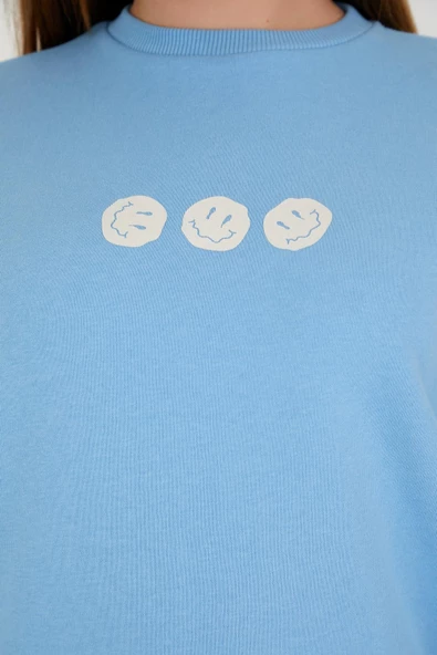 Kadın Oversize Baskılı Sweatshirt Mavi - 8