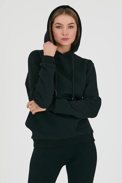 Kadın Kapüşonlu 3 iplik Sweatshirt  Siyah - Resim 12