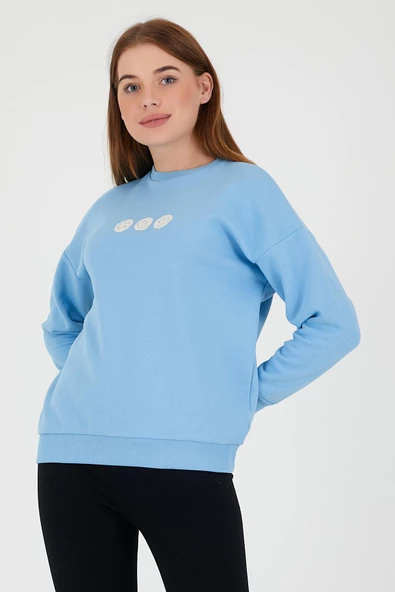 Kadın Oversize Baskılı Sweatshirt Mavi - 9