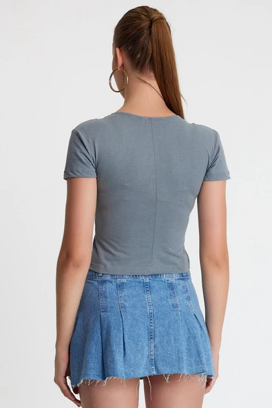 Kadın V Yaka Basic T-shirt  Antrasit - Resim 5