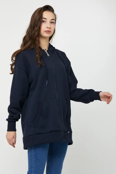 Ünisex Fermuarlı Sweatshirt  Lacivert - 5