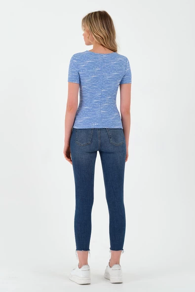 Kadın Basic Kaşkorse Kumaş T-shirt Mavi - Resim 5