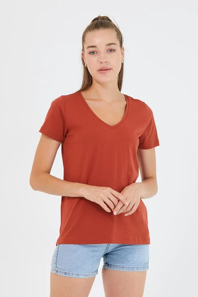 Kadın %100 Pamuk V Yaka 3lü T-shirt Paketi  Su Yeşili - 8