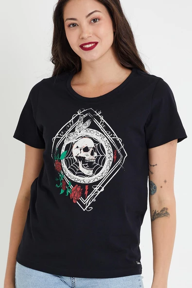 Kadın Baskılı T-shirt  Siyah - Resim 9