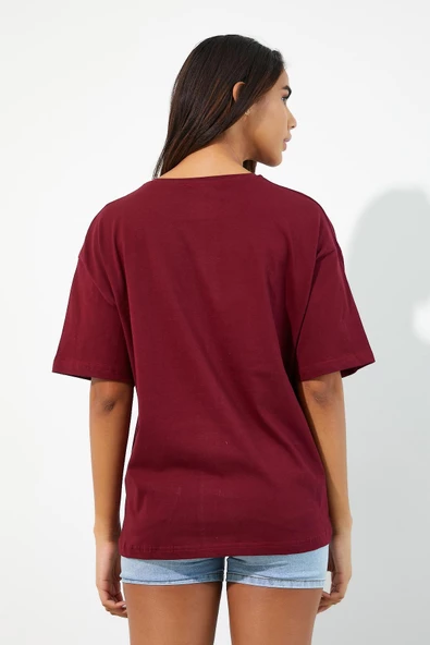 Kadın Baskılı Oversize T-shirt Bordo - Resim 10