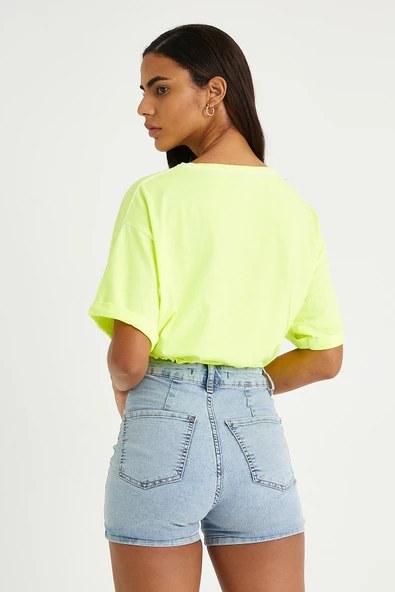 Kadın Neon Yağ Yıkamalı T-shirt Sarı - Resim 8