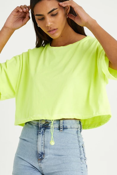 Kadın Neon Yağ Yıkamalı T-shirt Sarı - Resim 2