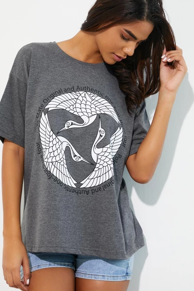 Kadın Baskılı Oversize T-shirt Antrasit ürün görseli 1