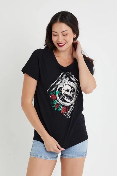 Kadın Baskılı T-shirt  Siyah - Resim 6