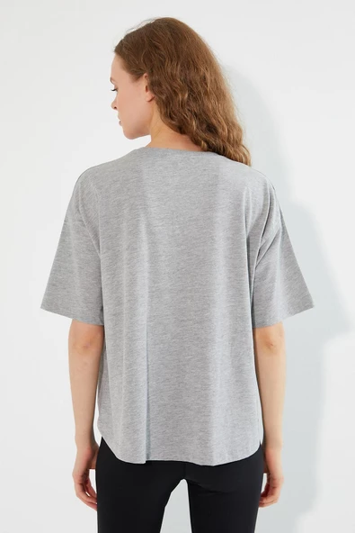 Kadın Baskılı Oversize T-shirt  Gri Melanj - Resim 4