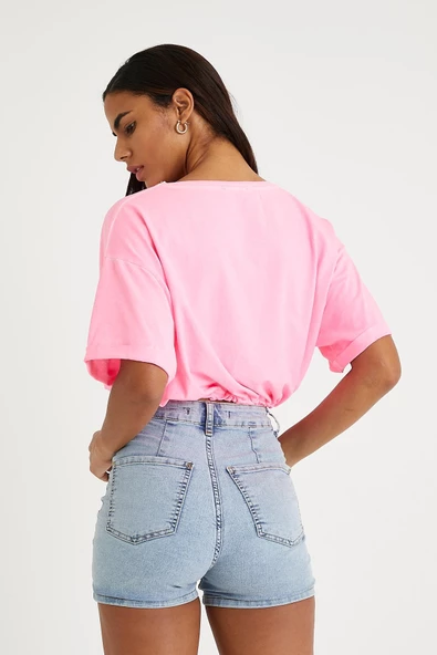 Kadın Neon Yağ Yıkamalı T-shirt Pembe - Resim 4